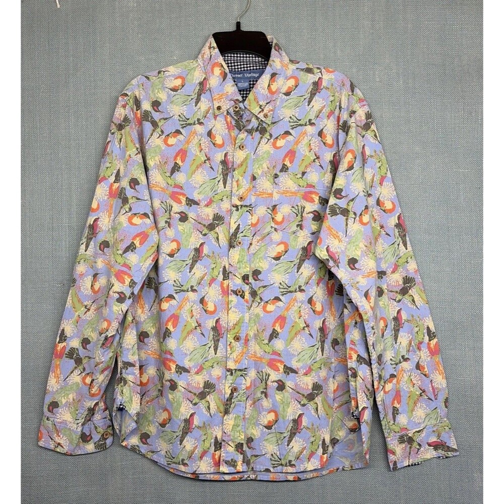 Flusser Vintage Men’s Button Down Shirt  Sz L Hummingbird Print L/S Cotton EUC
